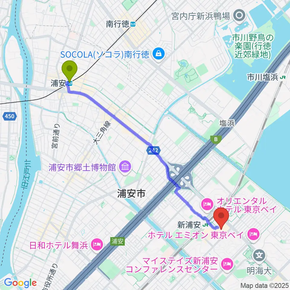 浦安駅から島村楽器 イオン新浦安店へのルートマップ地図