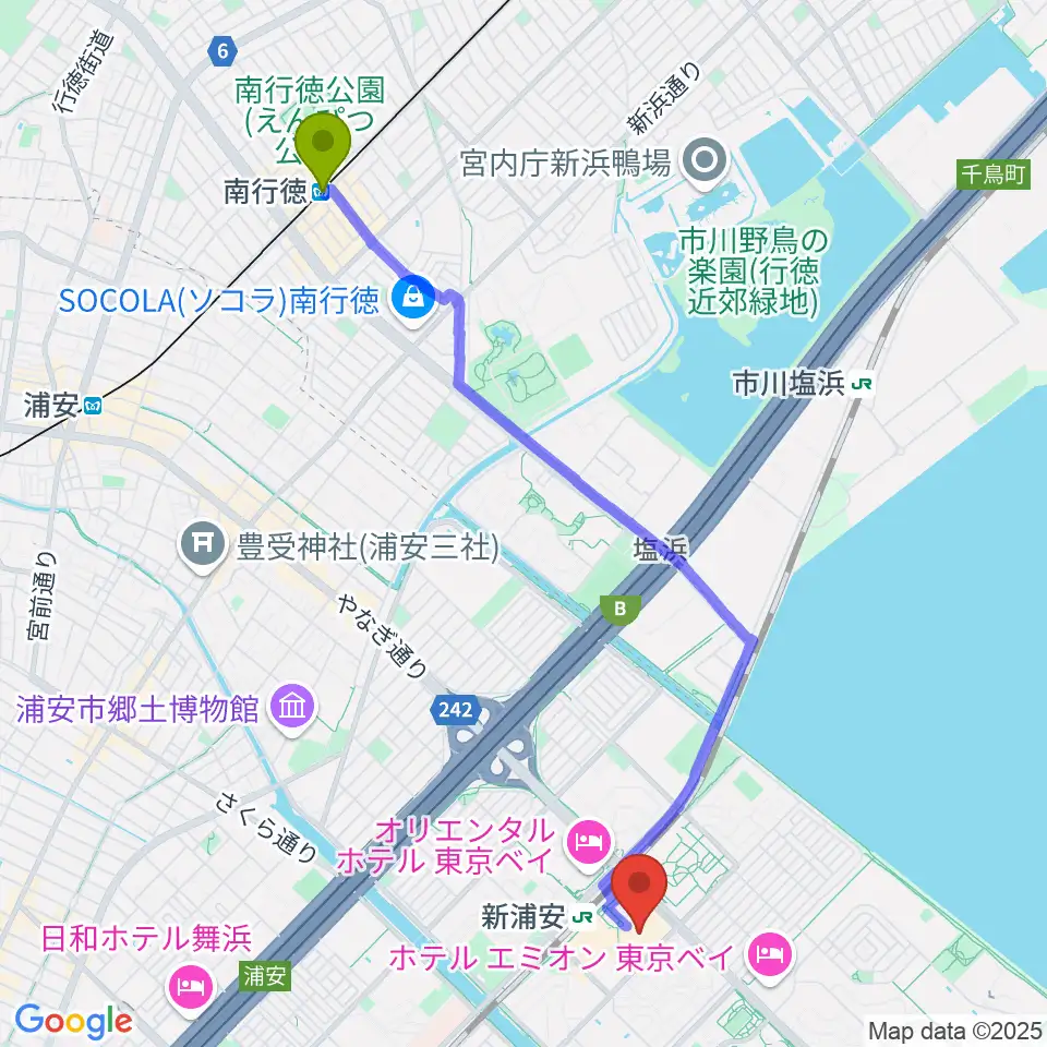 南行徳駅から島村楽器 イオン新浦安店へのルートマップ地図