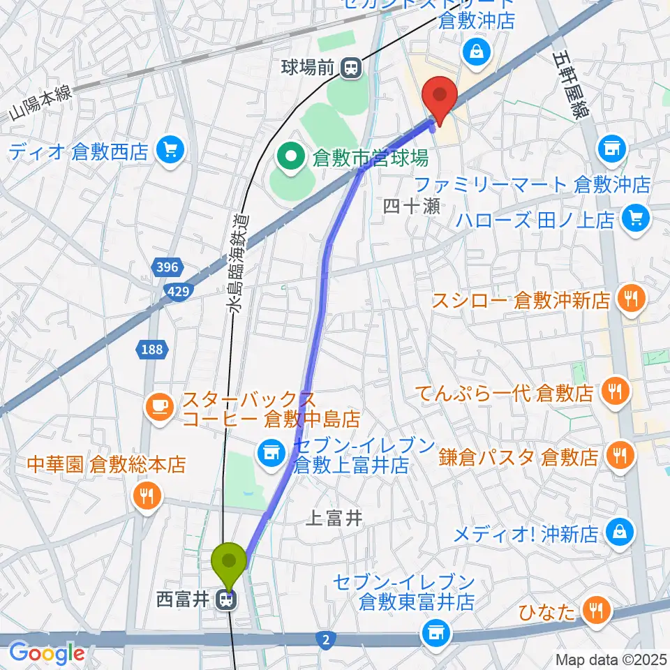 西富井駅から倉敷スタジオバースへのルートマップ地図
