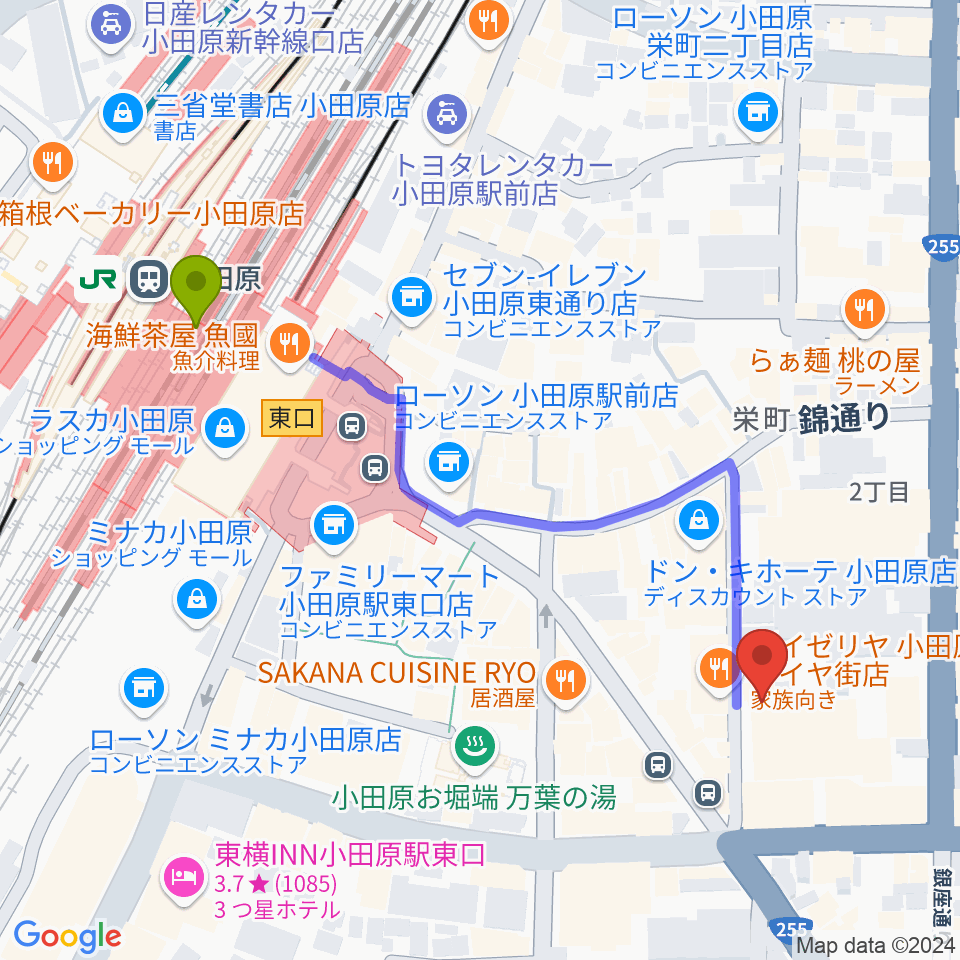 足柄屋STUDIOの最寄駅小田原駅からの徒歩ルート（約6分）地図