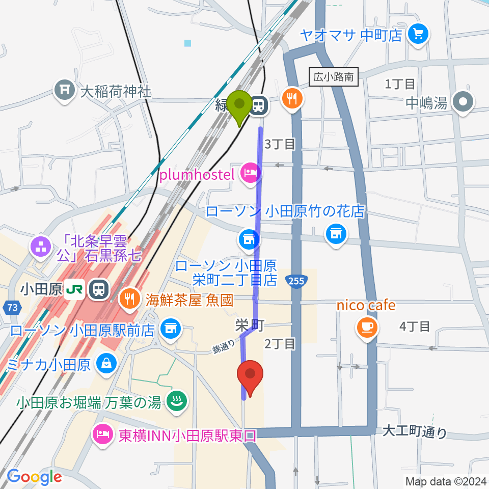 緑町駅から足柄屋STUDIOへのルートマップ地図