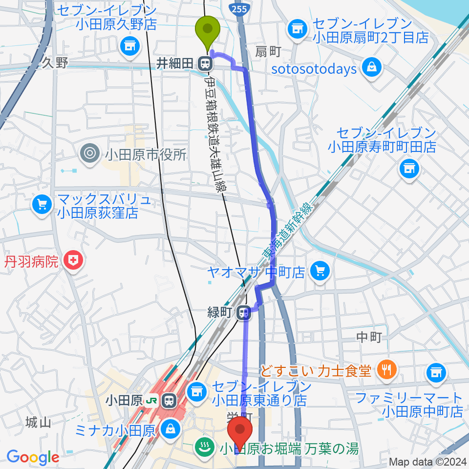 井細田駅から足柄屋STUDIOへのルートマップ地図