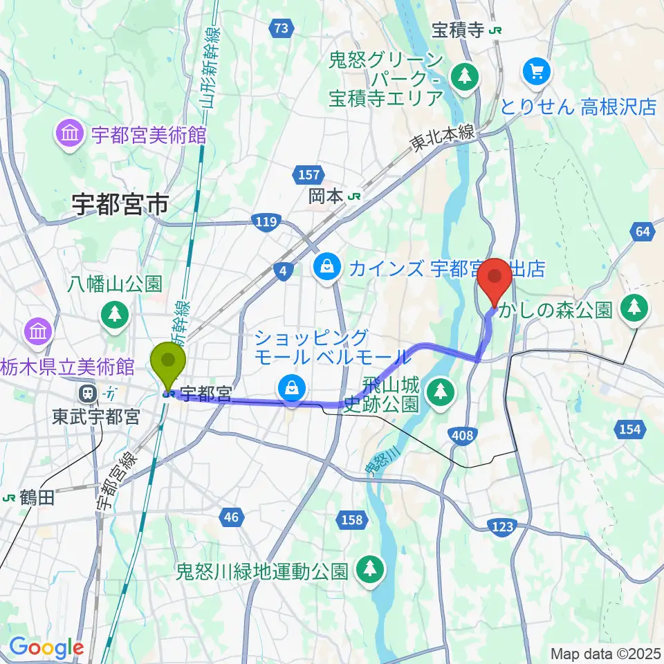 宇都宮駅からスタジオバコへのルートマップ地図