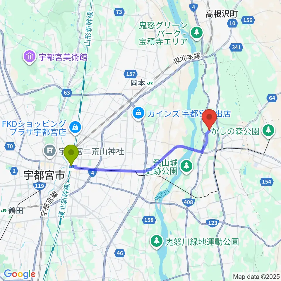 宇都宮駅からスタジオバコへのルートマップ地図