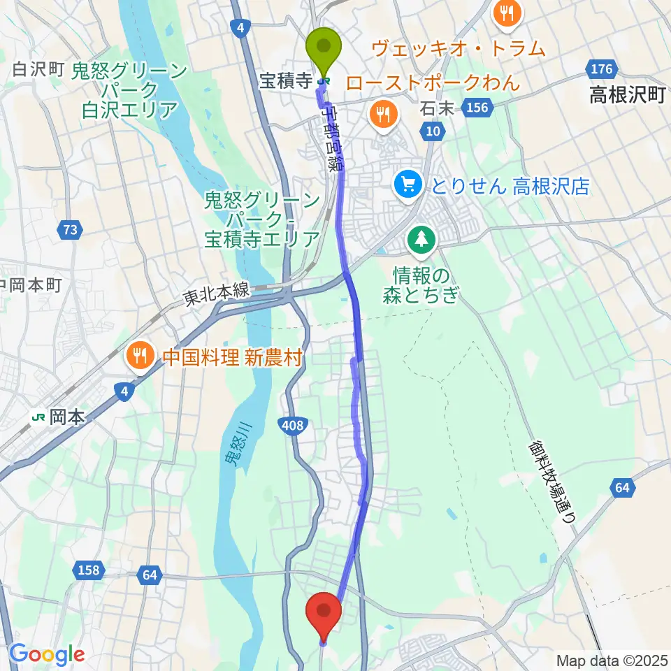 宝積寺駅からスタジオバコへのルートマップ地図