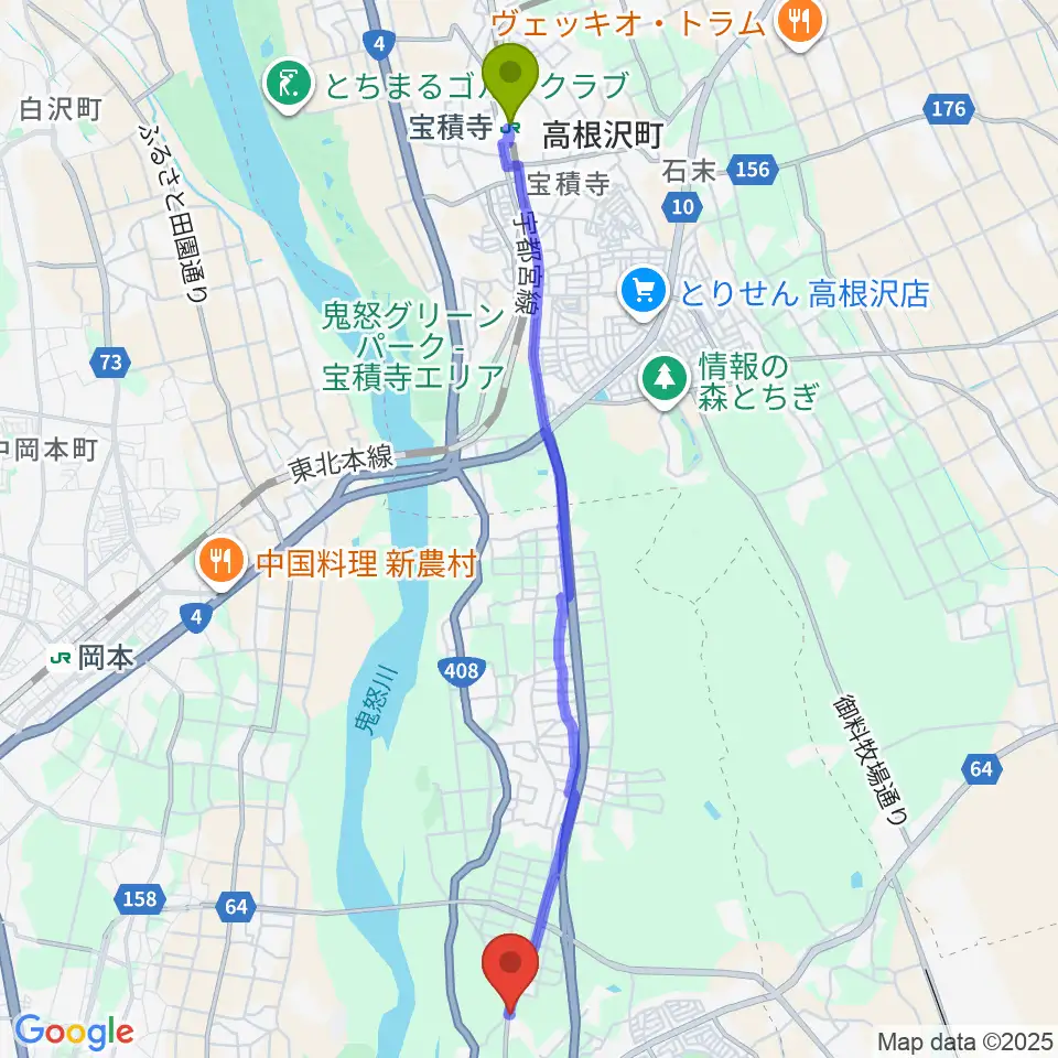 宝積寺駅からスタジオバコへのルートマップ地図