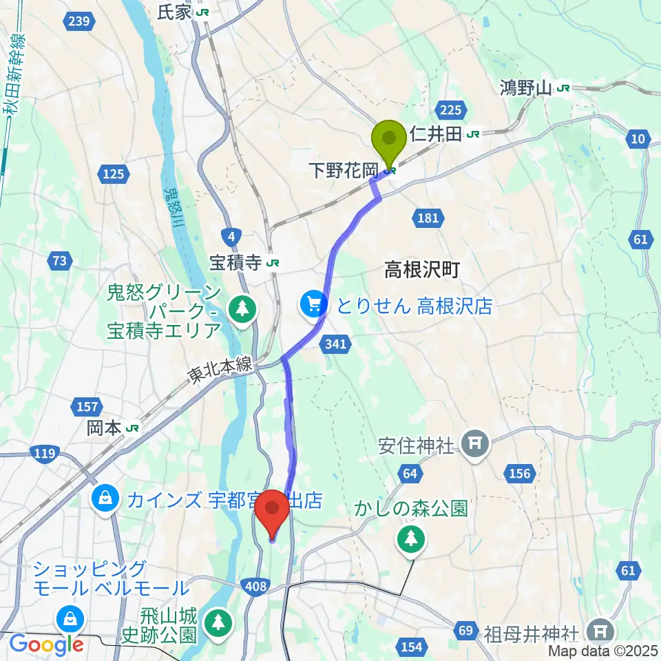 下野花岡駅からスタジオバコへのルートマップ地図