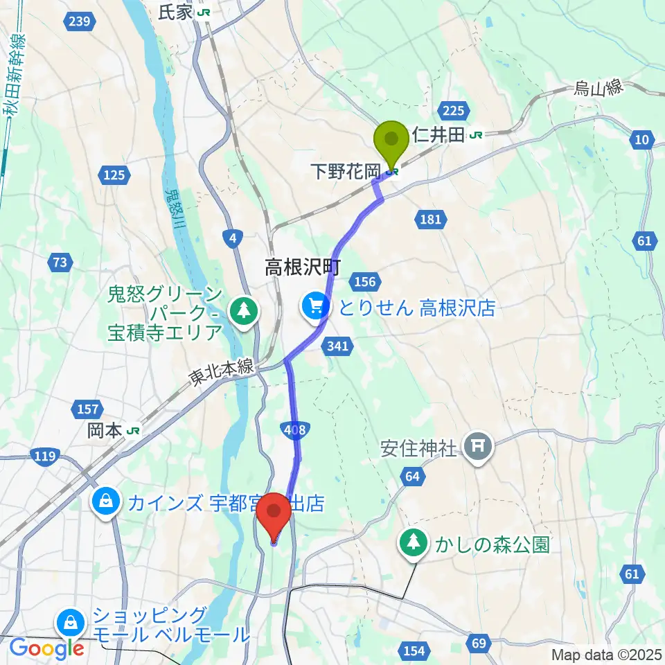 下野花岡駅からスタジオバコへのルートマップ地図