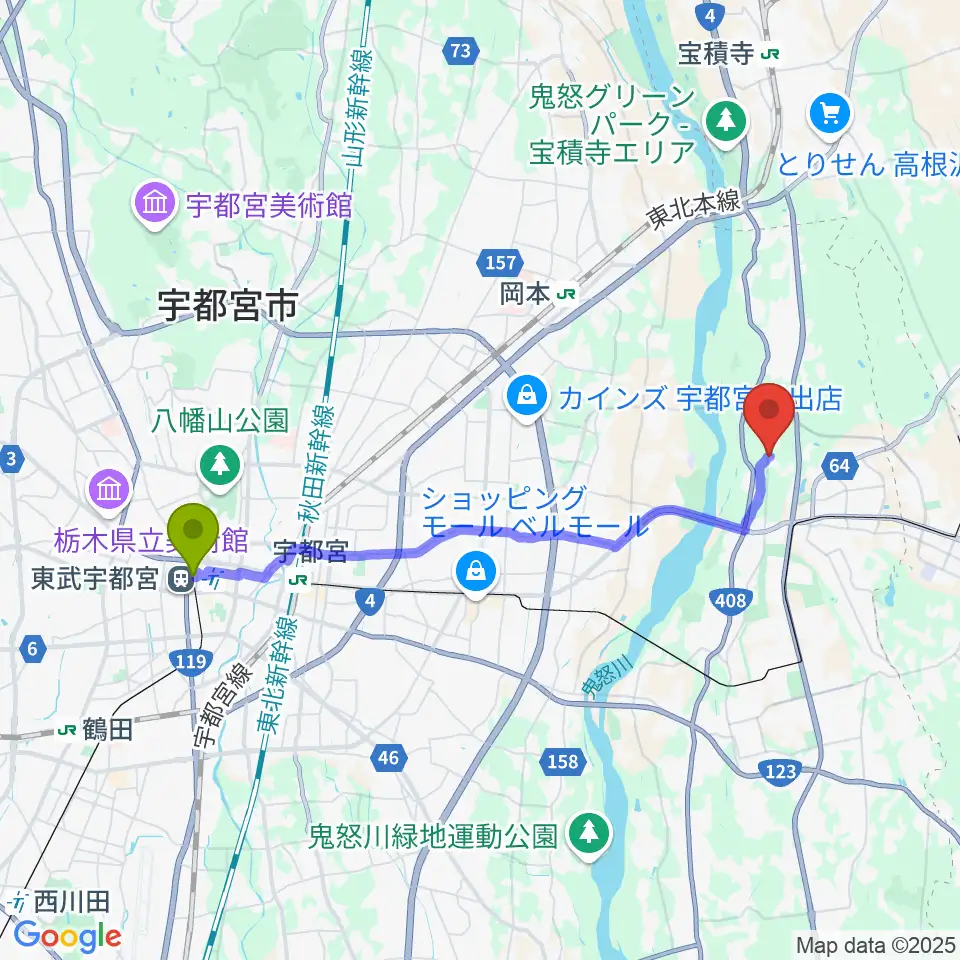 東武宇都宮駅からスタジオバコへのルートマップ地図