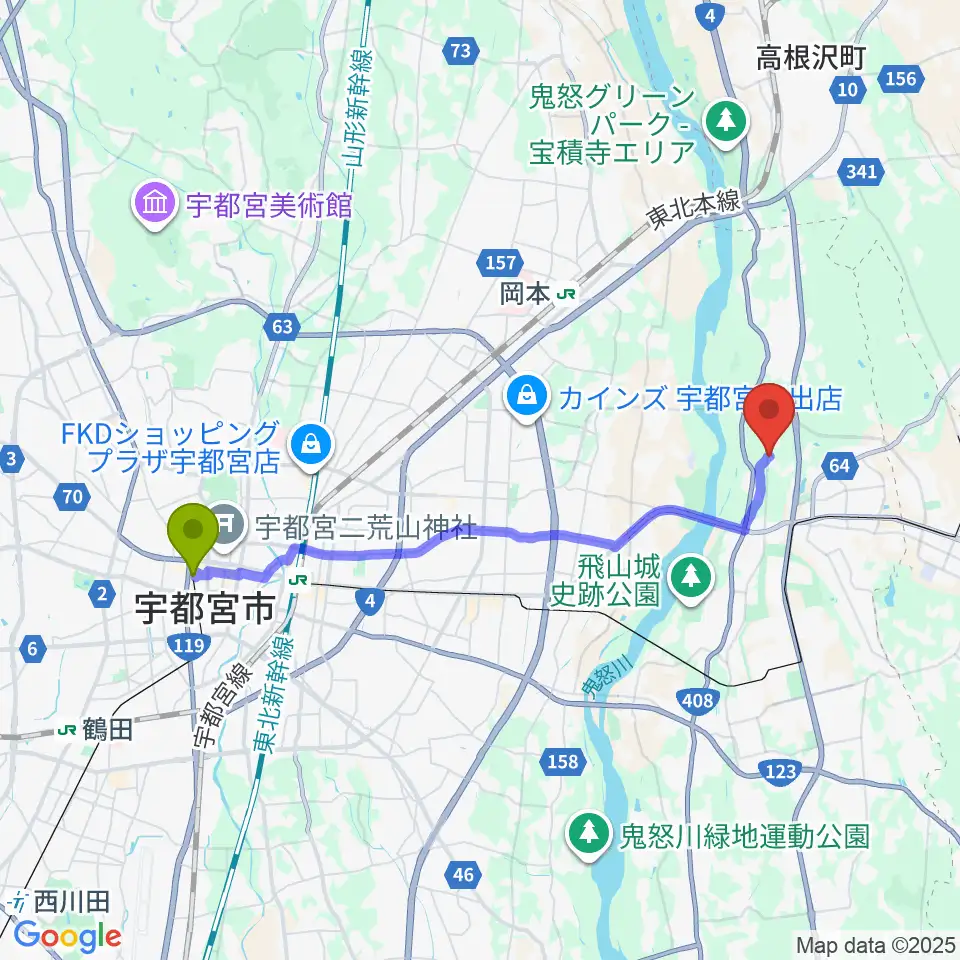 東武宇都宮駅からスタジオバコへのルートマップ地図