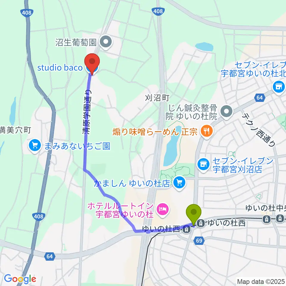 スタジオバコの最寄駅ゆいの杜西駅からの徒歩ルート（約19分）地図