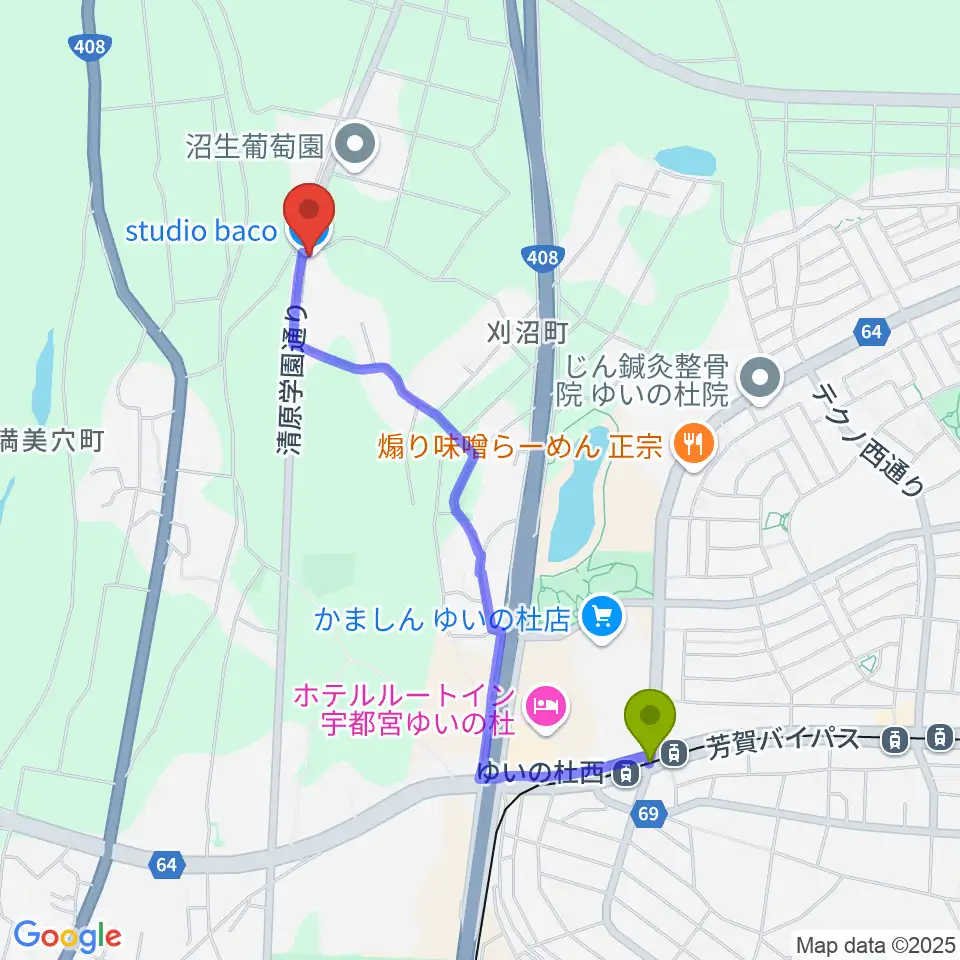 スタジオバコの最寄駅ゆいの杜西駅からの徒歩ルート（約19分）地図