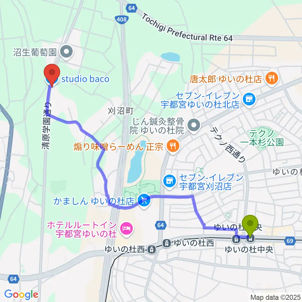 ゆいの杜中央駅からスタジオバコへのルートマップ地図