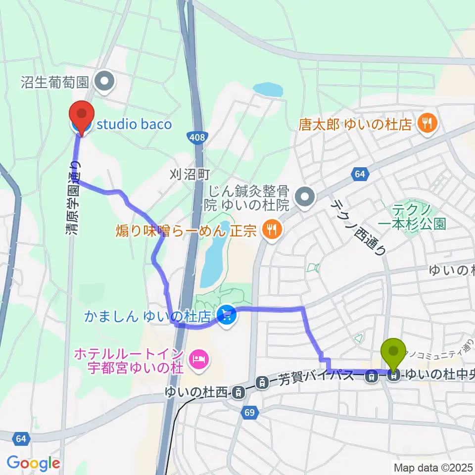 ゆいの杜中央駅からスタジオバコへのルートマップ地図