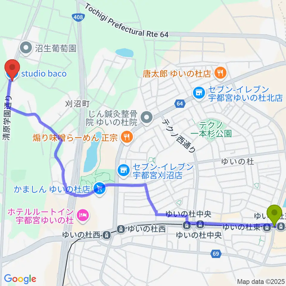 ゆいの杜東駅からスタジオバコへのルートマップ地図