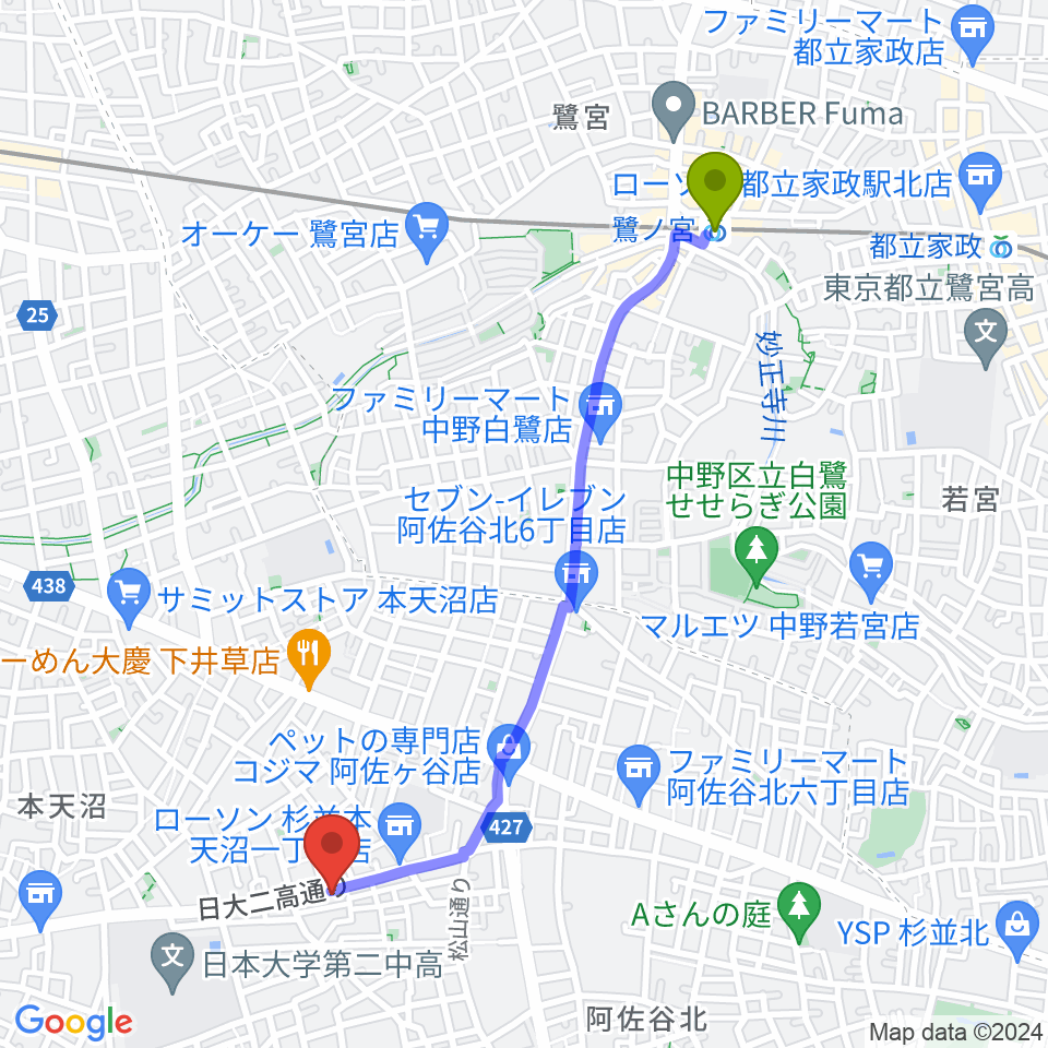 鷺ノ宮駅からstudio Zotへのルートマップ地図