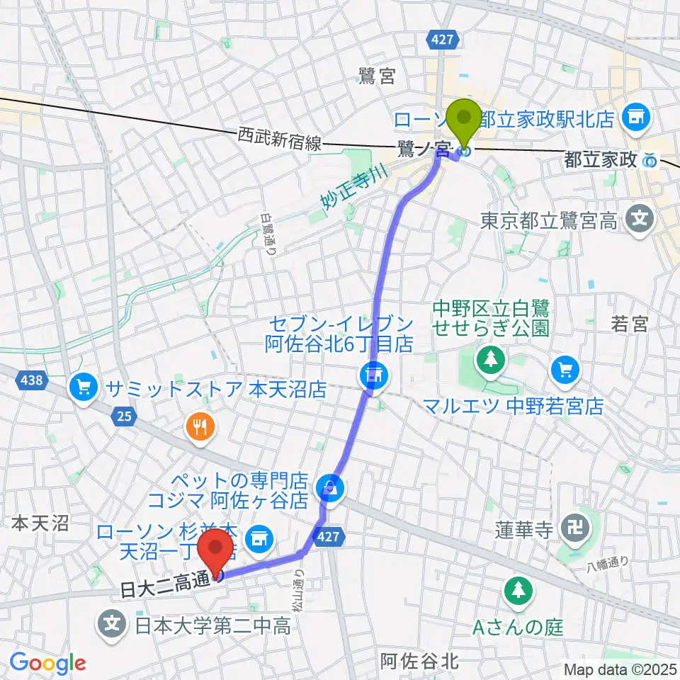 鷺ノ宮駅からstudio Zotへのルートマップ地図