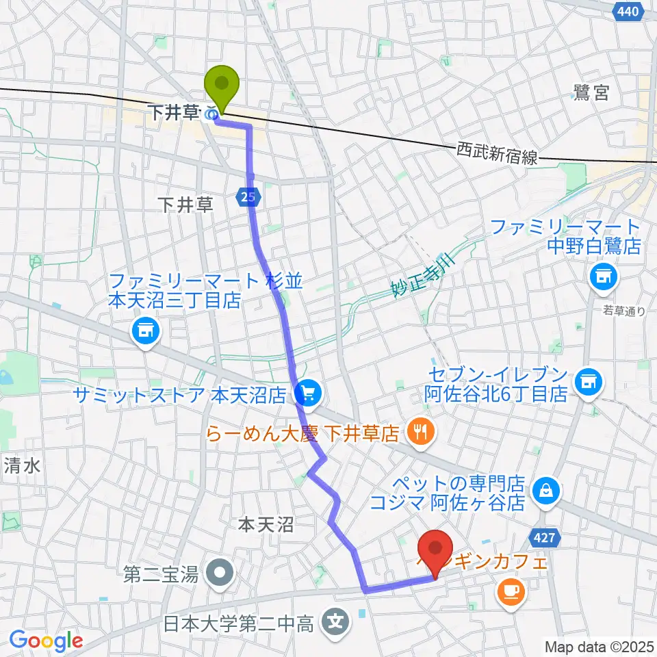 下井草駅からstudio Zotへのルートマップ地図