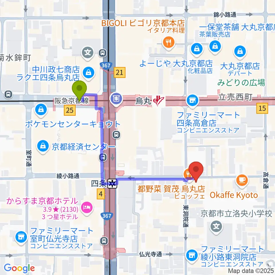 今井音楽スタジオの最寄駅烏丸駅からの徒歩ルート（約4分）地図