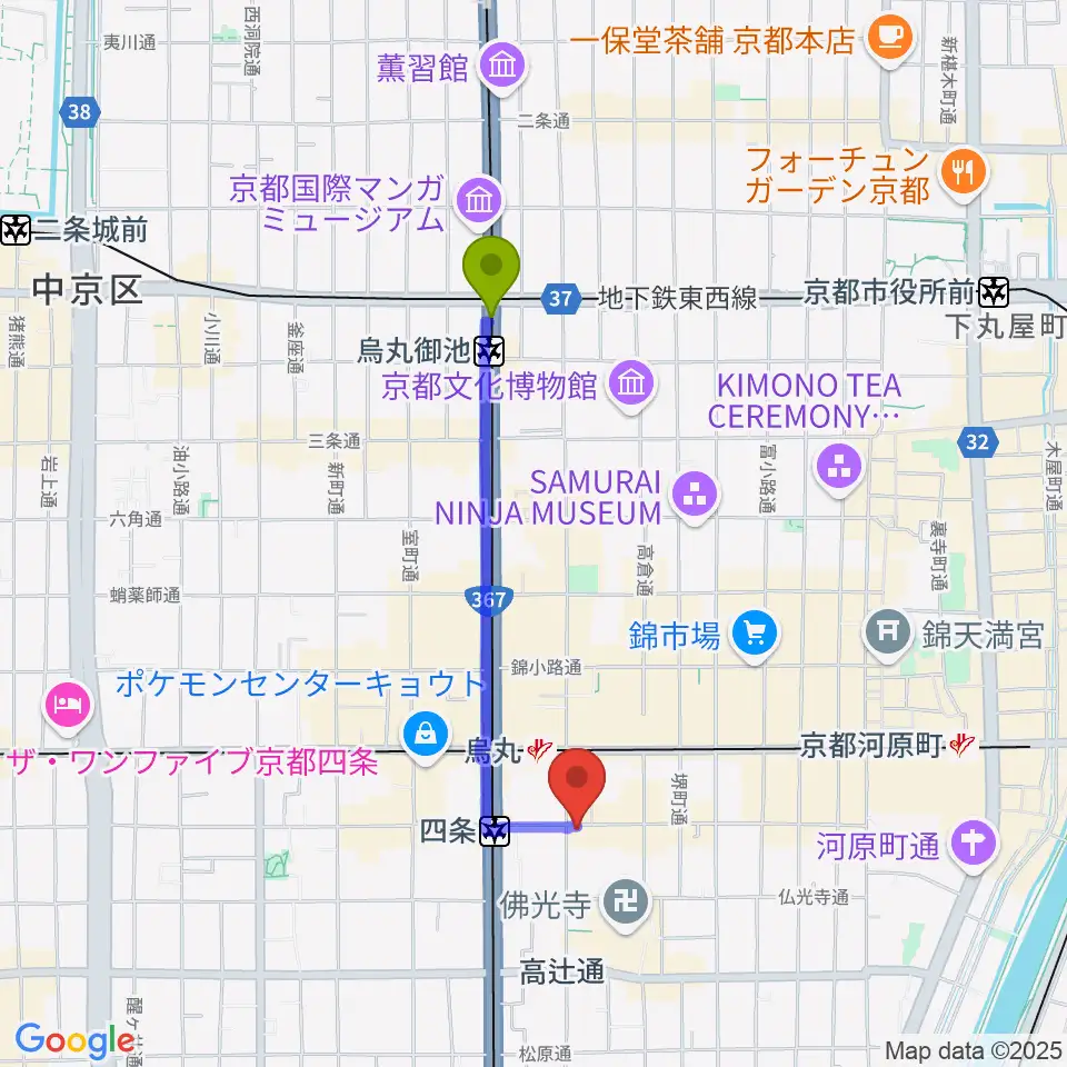 烏丸御池駅から今井音楽スタジオへのルートマップ地図
