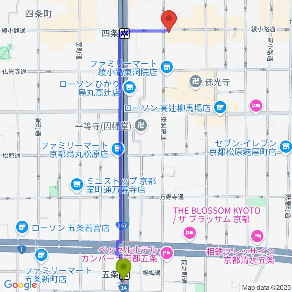 五条駅から今井音楽スタジオへのルートマップ地図