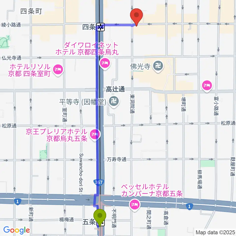 五条駅から今井音楽スタジオへのルートマップ地図