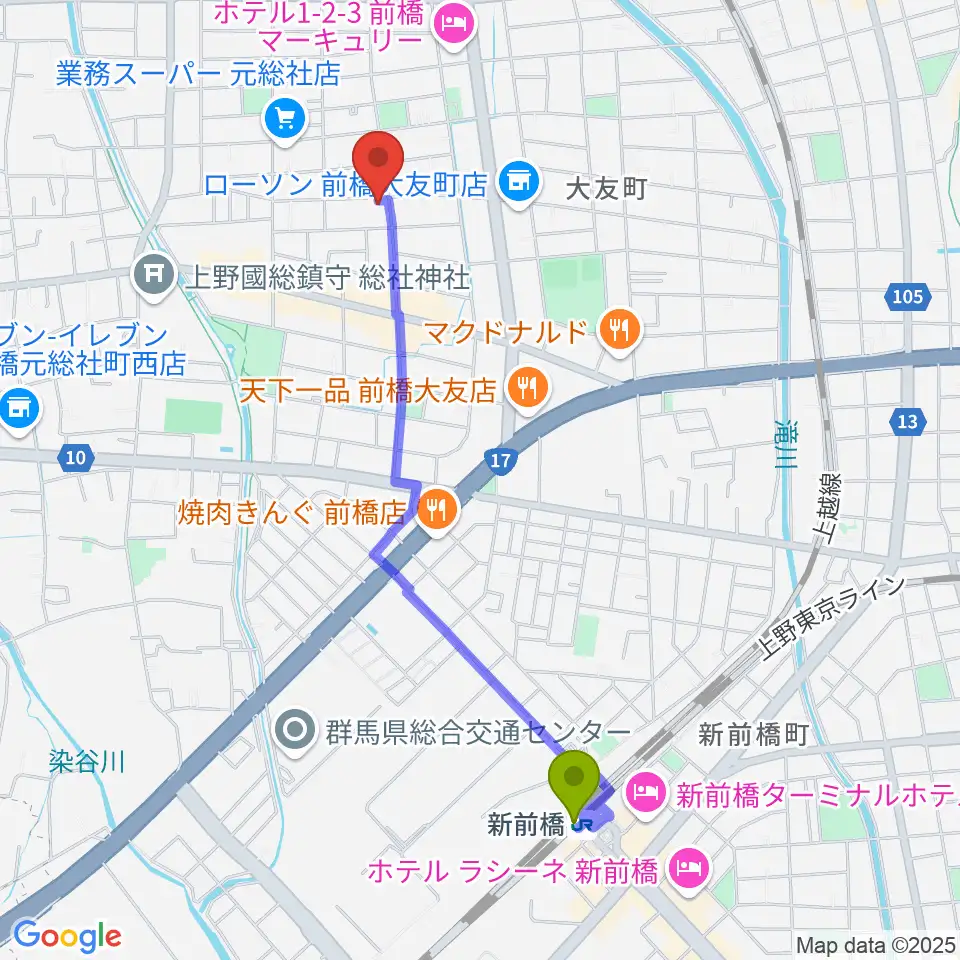 夢スタジオの最寄駅新前橋駅からの徒歩ルート（約21分）地図