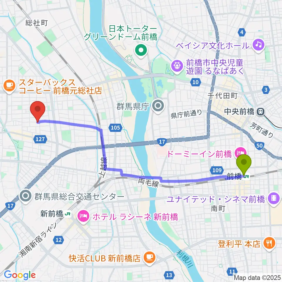 前橋駅から夢スタジオへのルートマップ地図