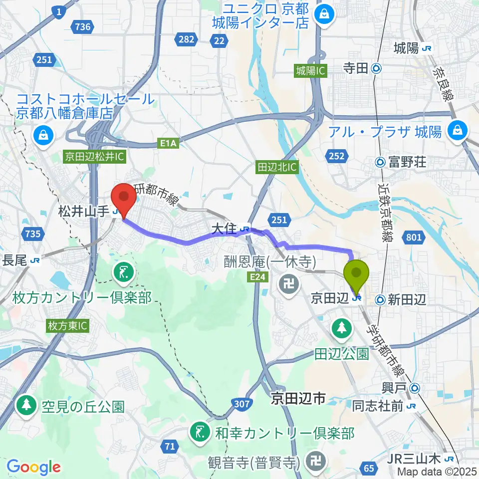 京田辺駅から天理楽器 京田辺店へのルートマップ地図