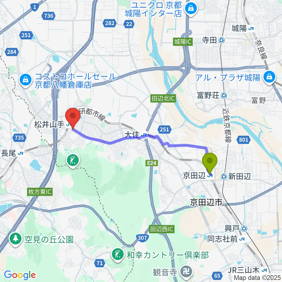 京田辺駅から天理楽器 京田辺店へのルートマップ地図