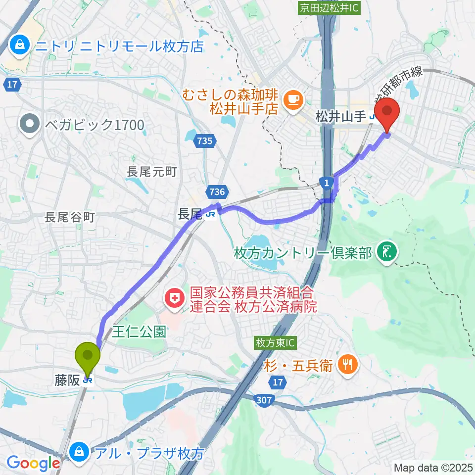 藤阪駅から天理楽器 京田辺店へのルートマップ地図