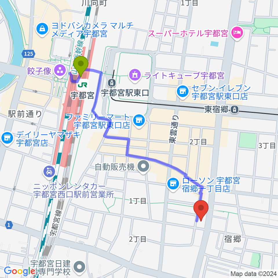 宇都宮センター ヤマハミュージックの最寄駅宇都宮駅からの徒歩ルート（約10分）地図