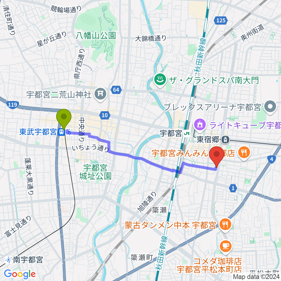 東武宇都宮駅から宇都宮センター ヤマハミュージックへのルートマップ地図