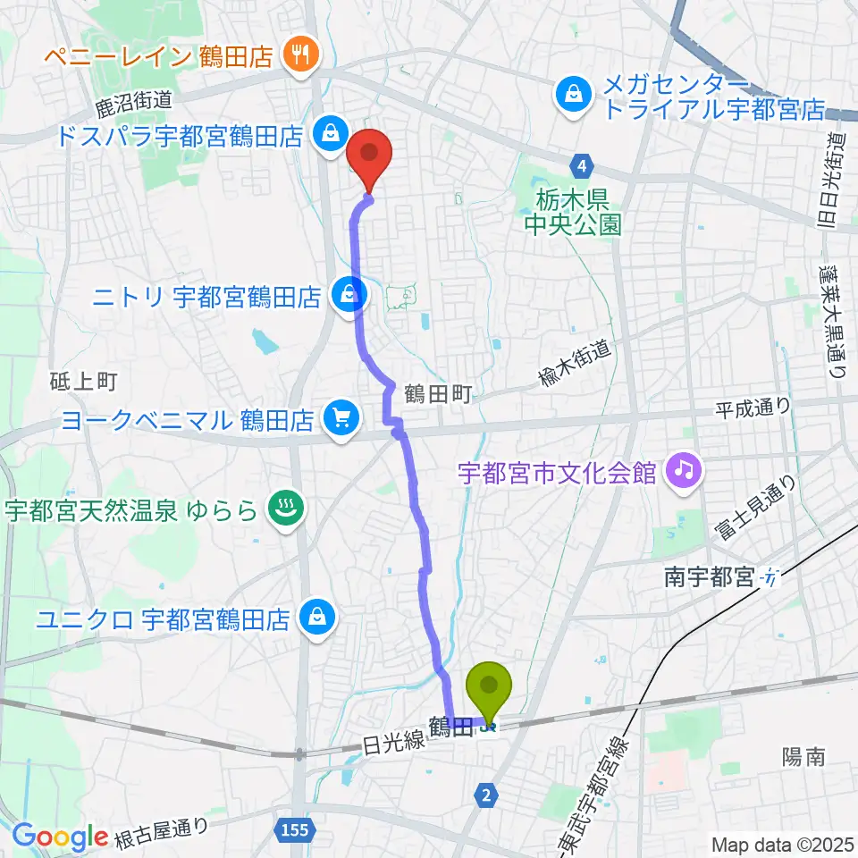 ヤマハミュージックリテイリング宇都宮西センターの最寄駅鶴田駅からの徒歩ルート（約39分）地図