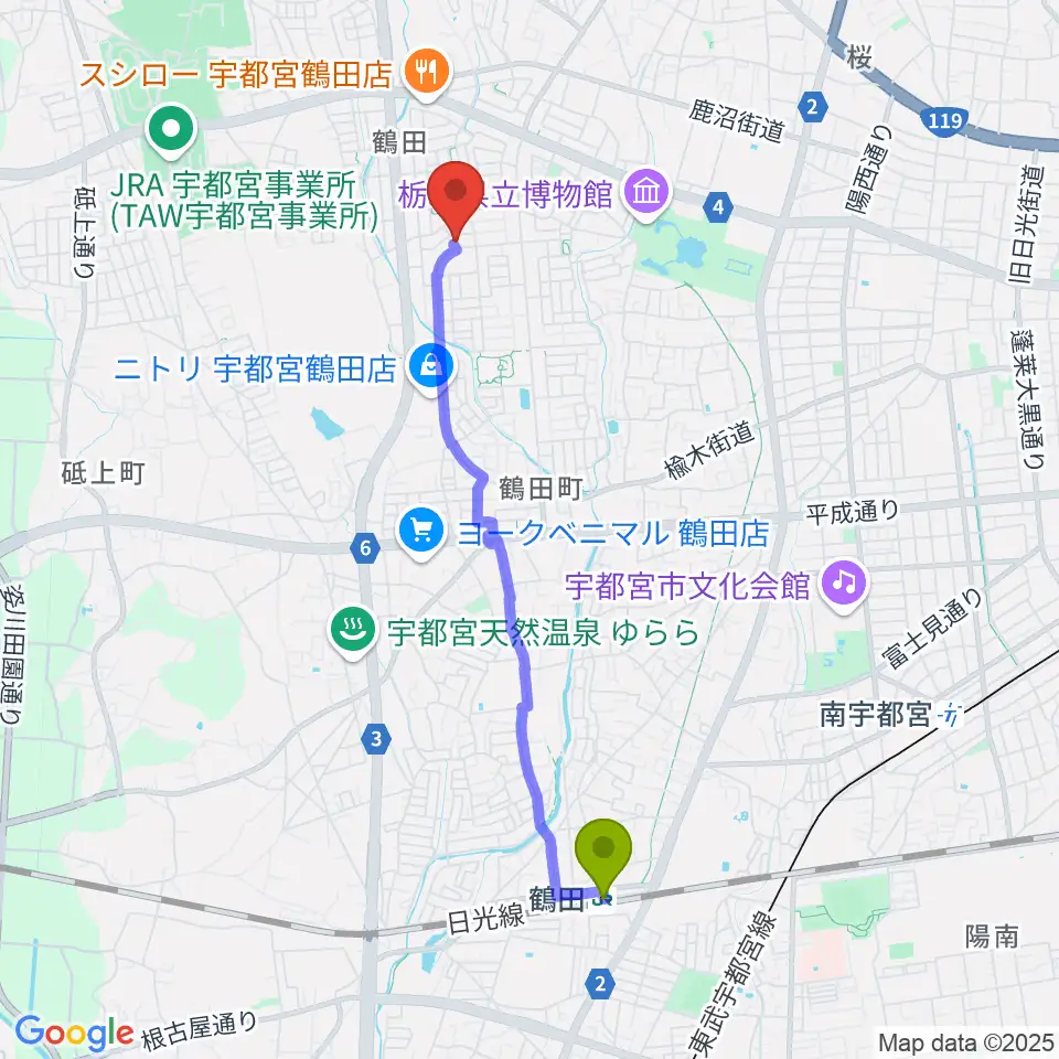 ヤマハミュージック宇都宮西センターの最寄駅鶴田駅からの徒歩ルート（約39分）地図