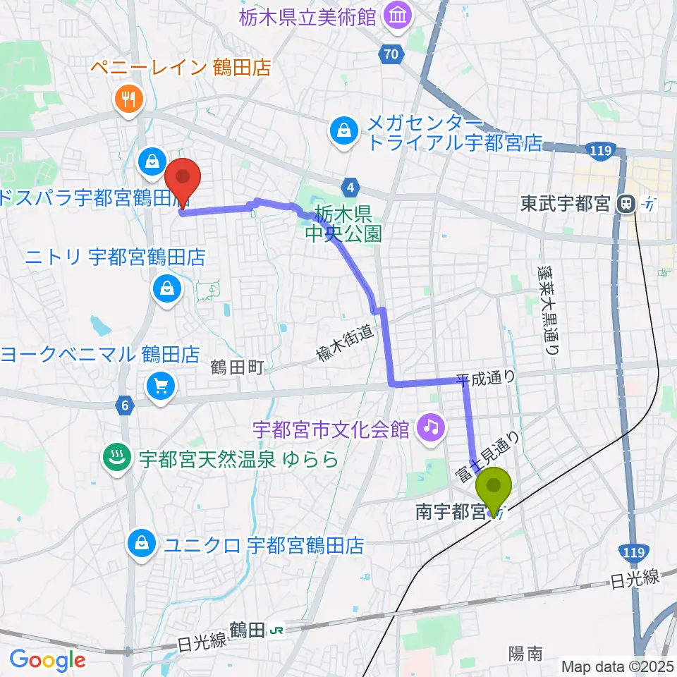 南宇都宮駅からヤマハミュージックリテイリング宇都宮西センターへのルートマップ地図