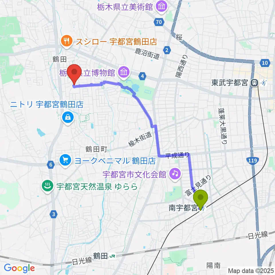 南宇都宮駅からヤマハミュージック宇都宮西センターへのルートマップ地図