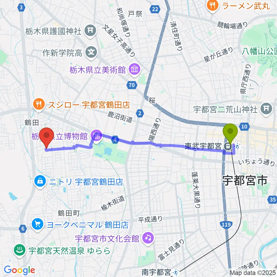 東武宇都宮駅からヤマハミュージック宇都宮西センターへのルートマップ地図