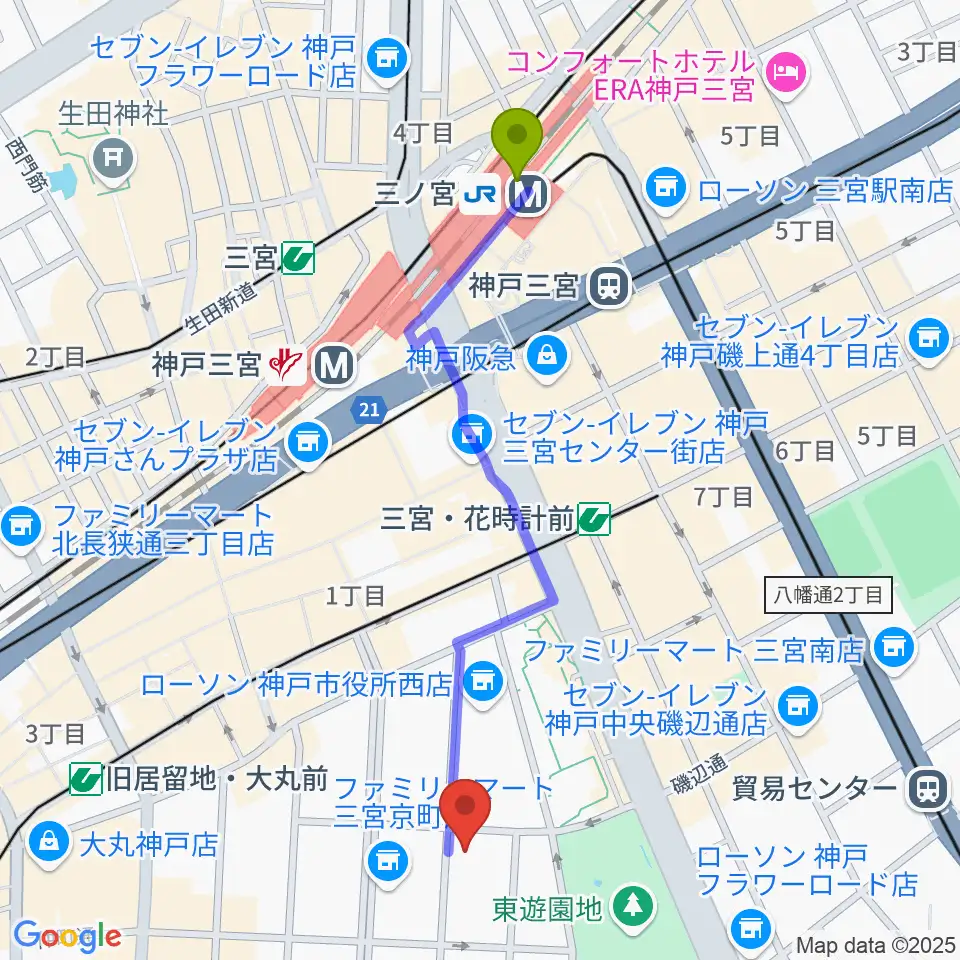 三ノ宮駅から100BANホール＆スタジオへのルートマップ地図