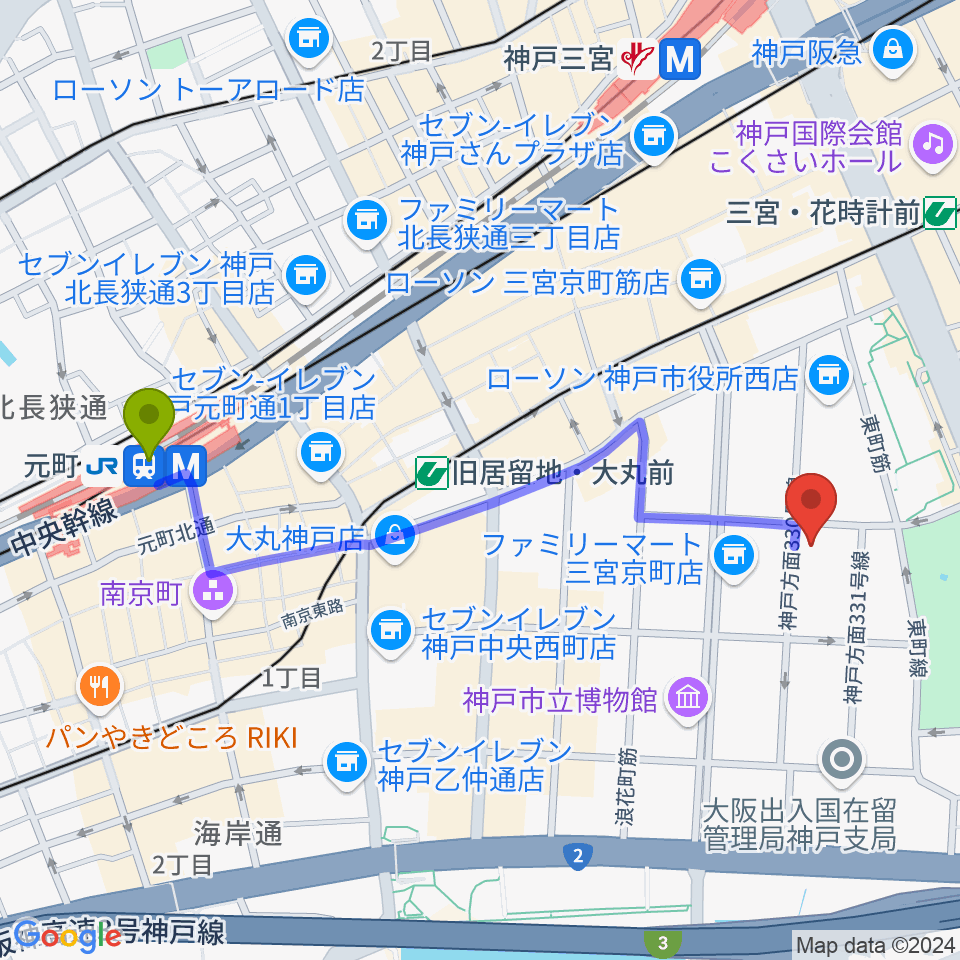 元町駅から100BANホール＆スタジオへのルートマップ地図