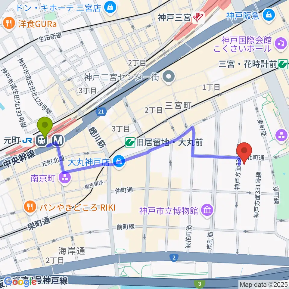 元町駅から100BANホール＆スタジオへのルートマップ地図