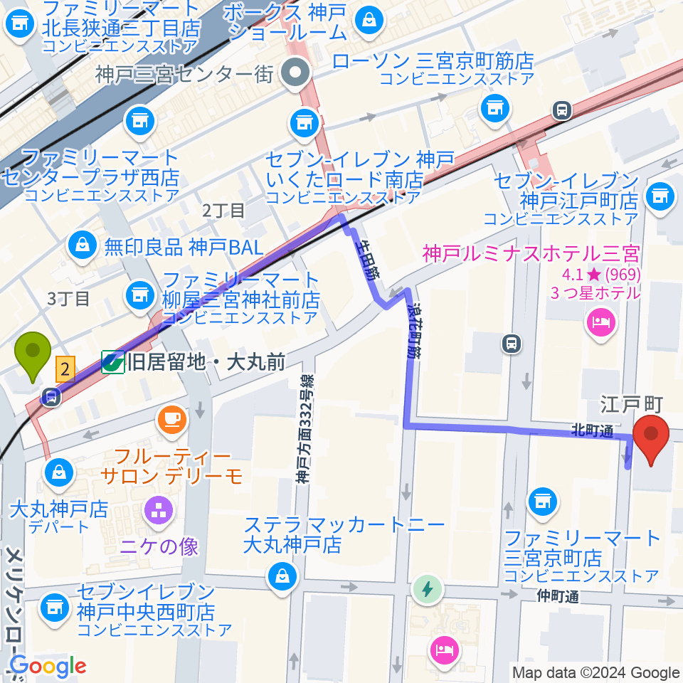 100BANホール＆スタジオの最寄駅旧居留地・大丸前駅からの徒歩ルート（約7分）地図