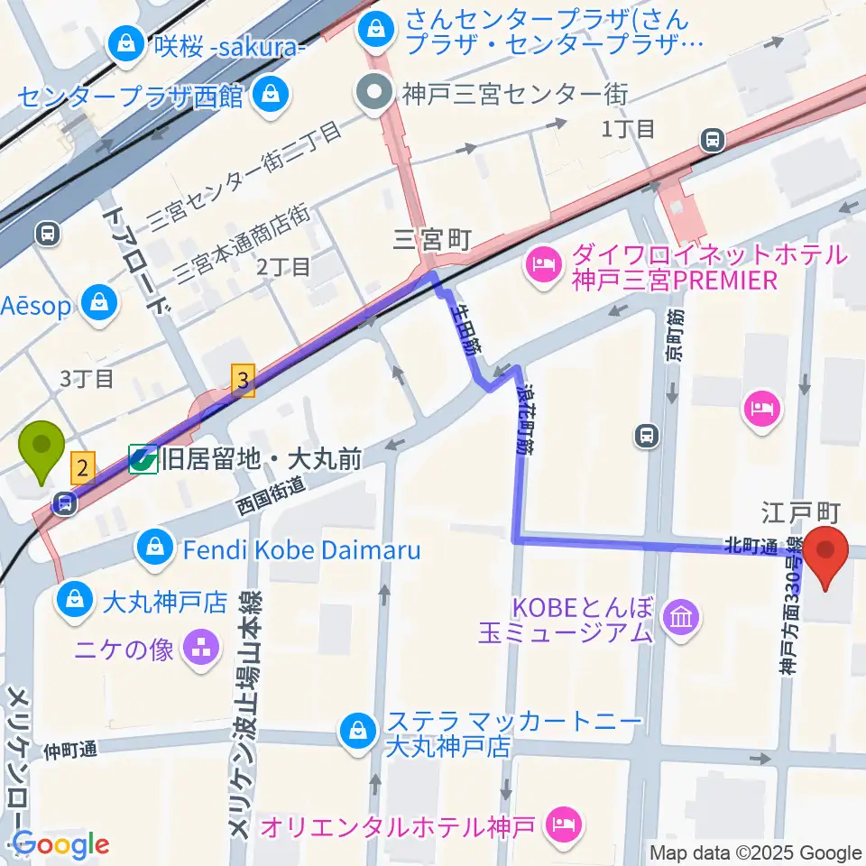 100BANホール＆スタジオの最寄駅旧居留地・大丸前駅からの徒歩ルート（約7分）地図