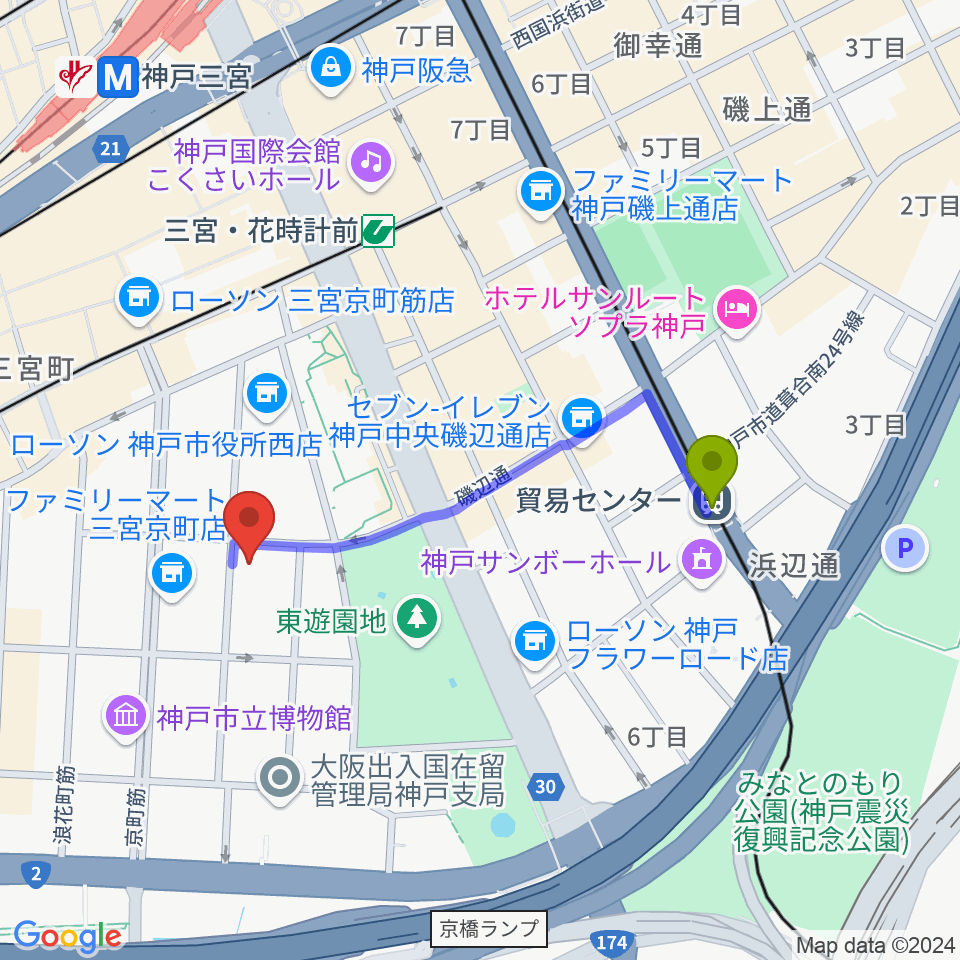 貿易センター駅から100BANホール＆スタジオへのルートマップ地図