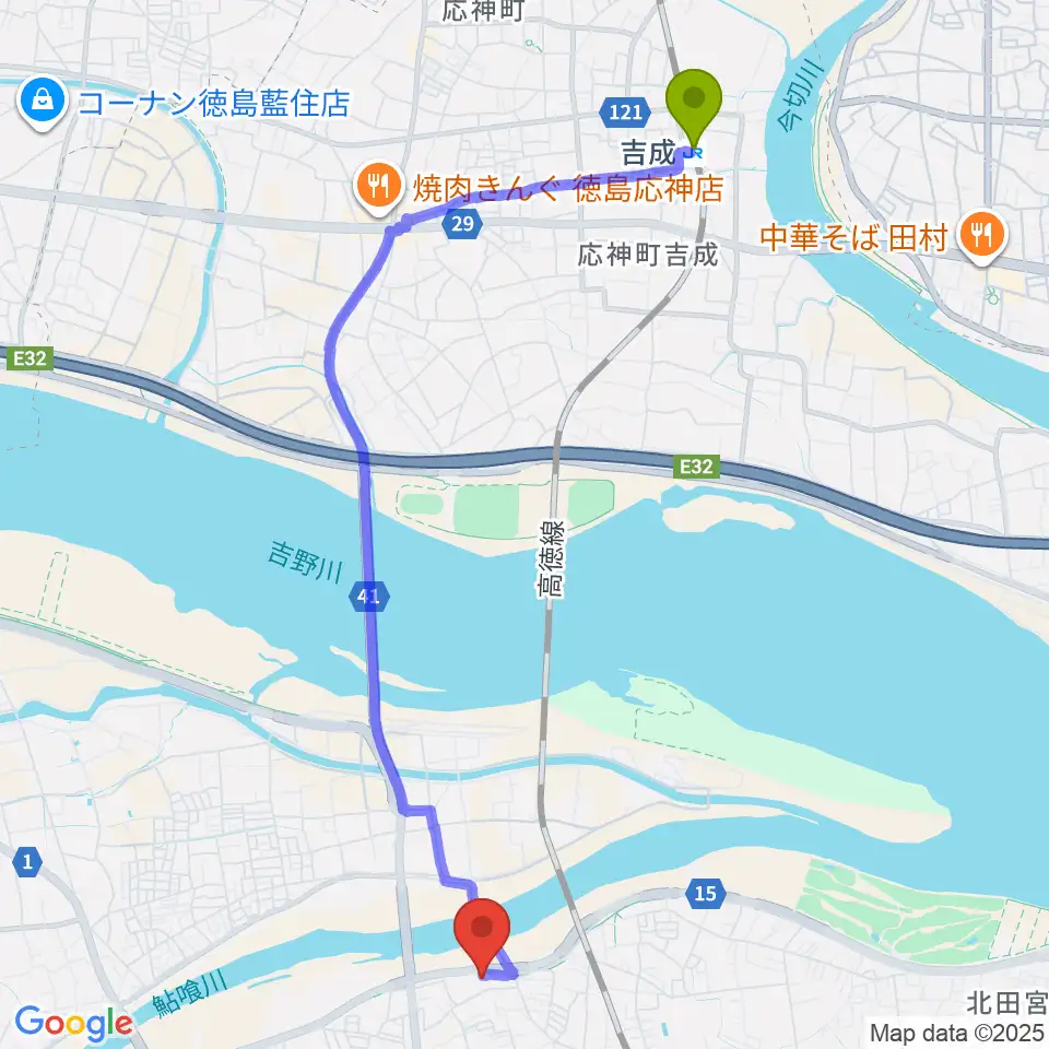 吉成駅から徳島J-POPS STUDIOへのルートマップ地図