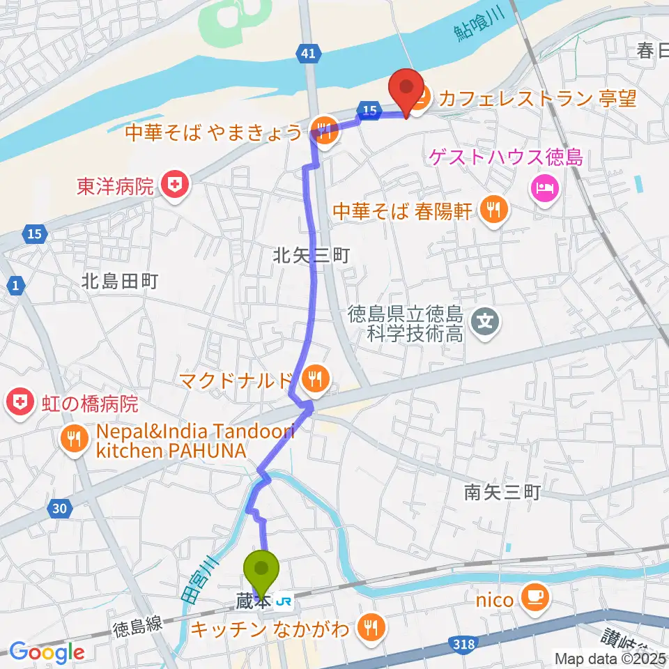 徳島J-POPS STUDIOの最寄駅蔵本駅からの徒歩ルート（約24分）地図