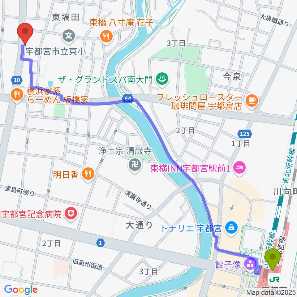 BEAT CLUB STUDIOの最寄駅宇都宮駅からの徒歩ルート（約17分）地図