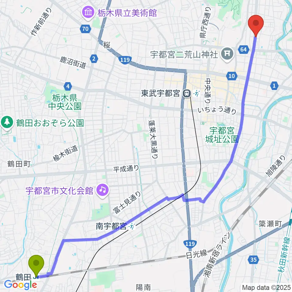 鶴田駅からBEAT CLUB STUDIOへのルートマップ地図
