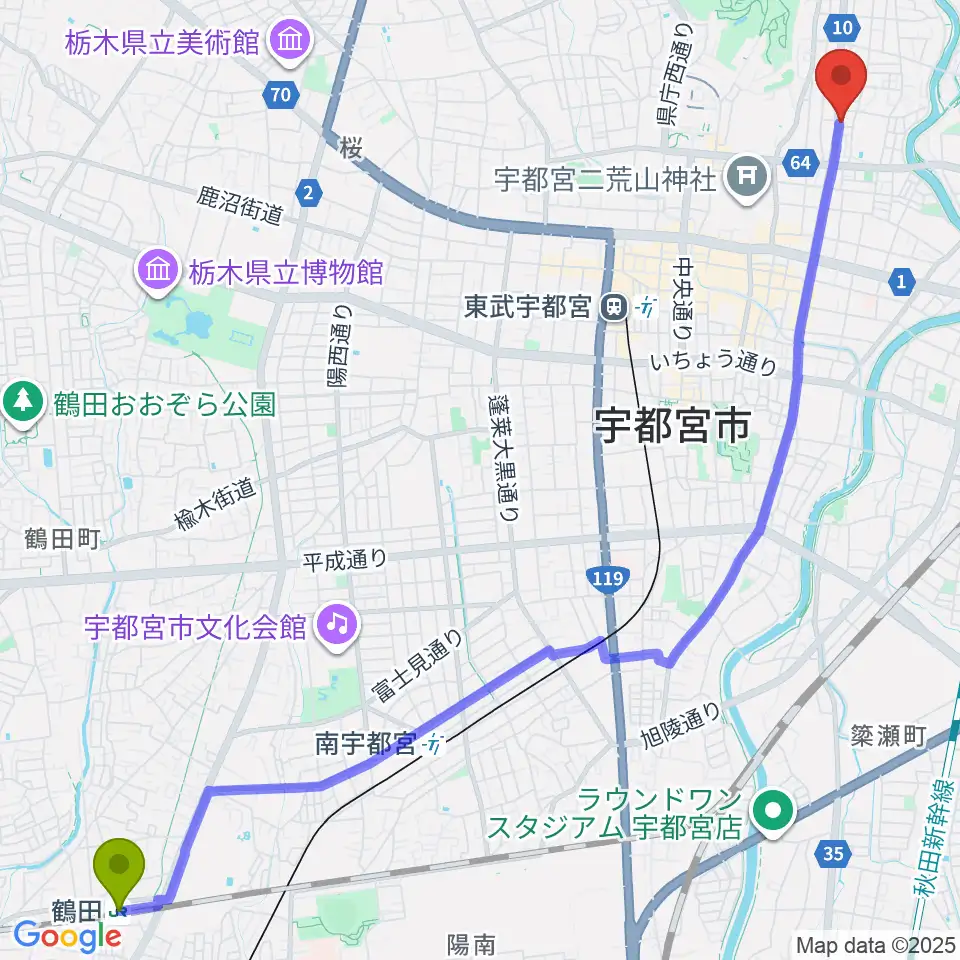 鶴田駅からBEAT CLUB STUDIOへのルートマップ地図