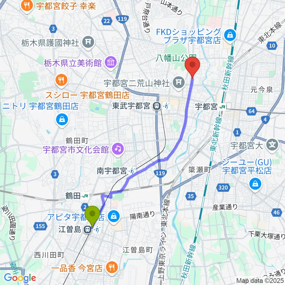 江曽島駅からBEAT CLUB STUDIOへのルートマップ地図